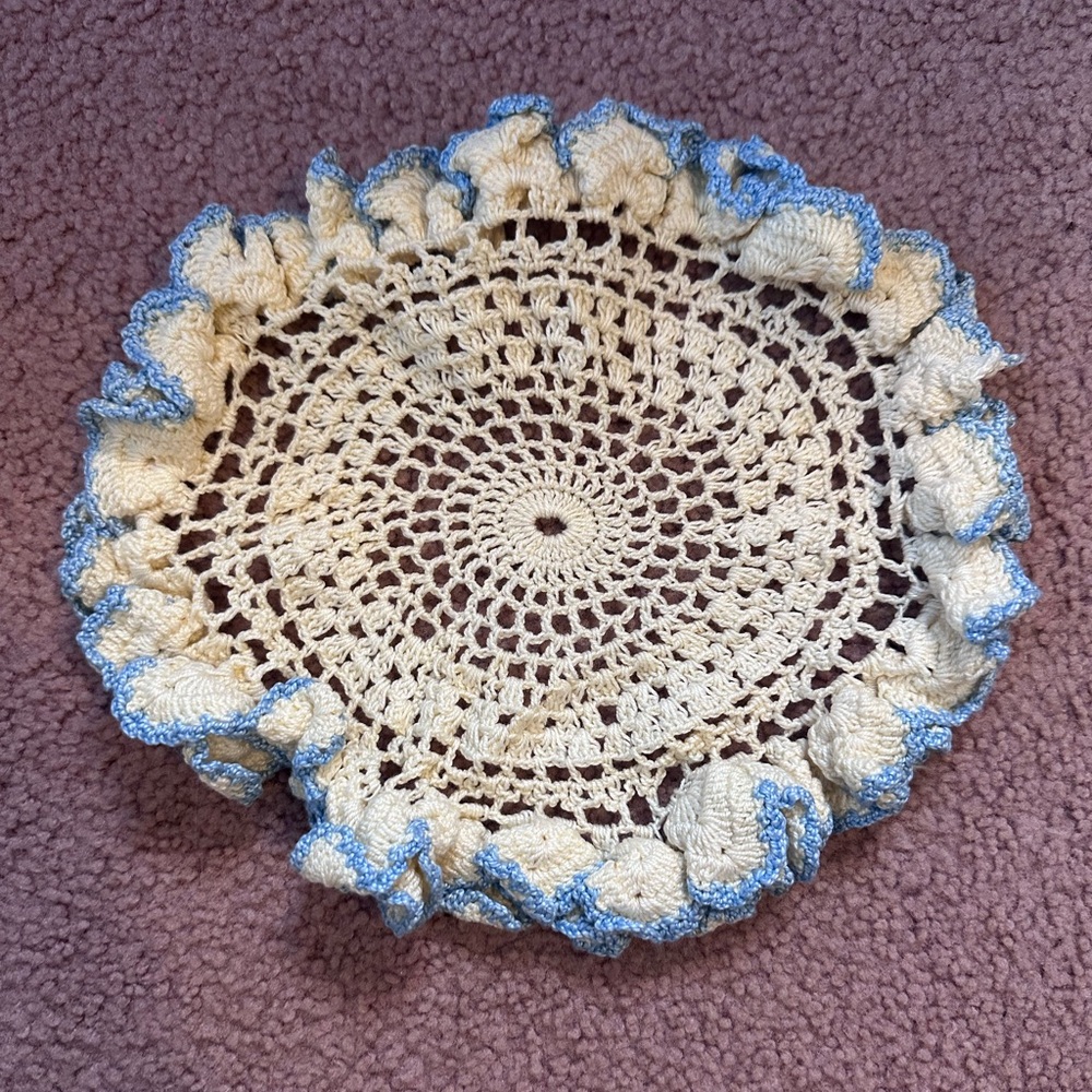 VTG HAND CROCHETED DOILY 9.5” White Blue Vintage Handmade Ripple Frilly